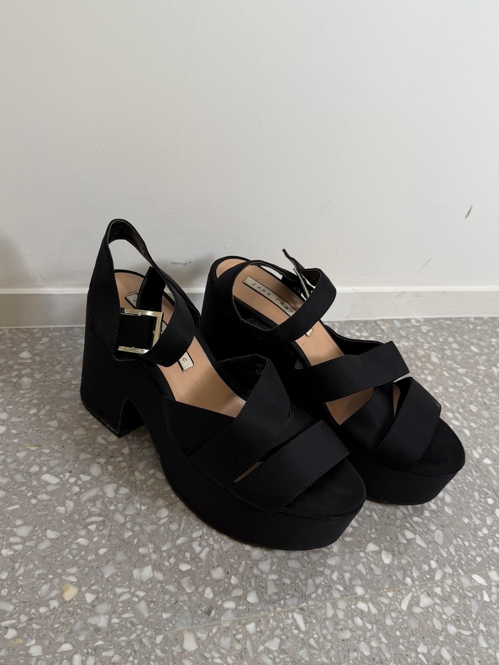 Zara Black Platform Sandals with Buckle Ankle Strap